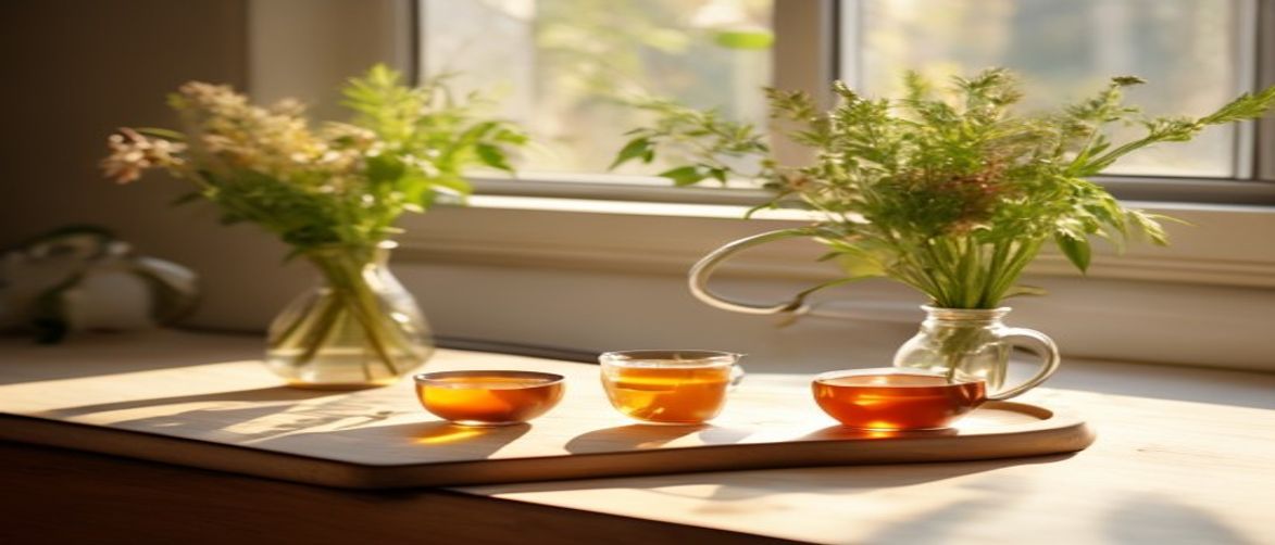 Serene kitchen setting with fresh herbs, water glass, and wooden cutting board in soft natural morning light