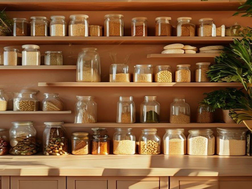 Organised kitchen shelves with glass containers of grains, legumes, and dried herbs arranged neatly