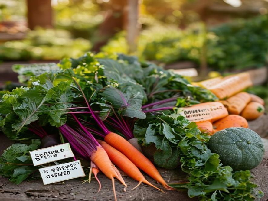 Seasonal vegetables including beetroot, carrots, and leafy greens displayed at a farmer's market with handwritten price labels